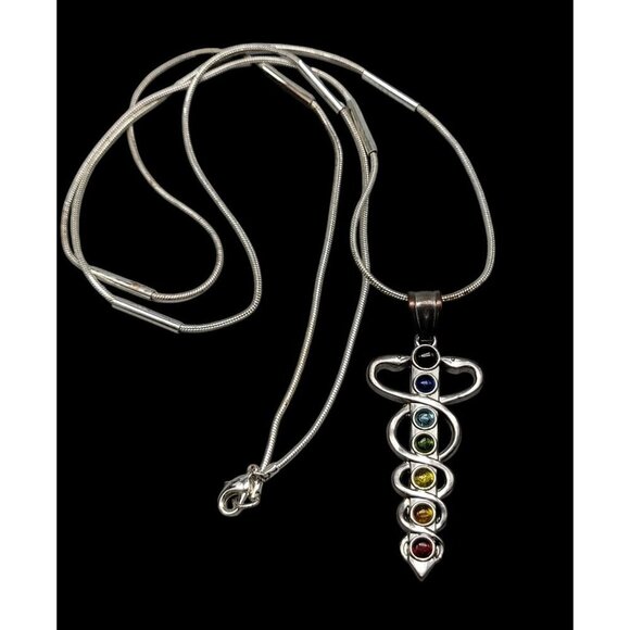 Chakra Healing Caduceus Pendant Necklace Faux Gemstones 35" Chain Silver Tone - Picture 3 of 16